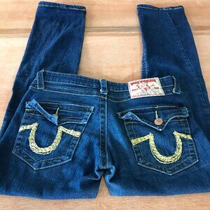 True Religion Joey Super T Flare Jeans Women 29 Blue Low Rise Flap Pockets 17264